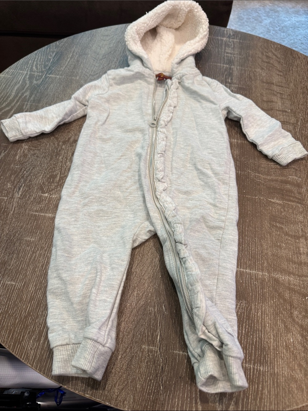 7 For All Mankind Light Gray Hooded Baby One-Piece